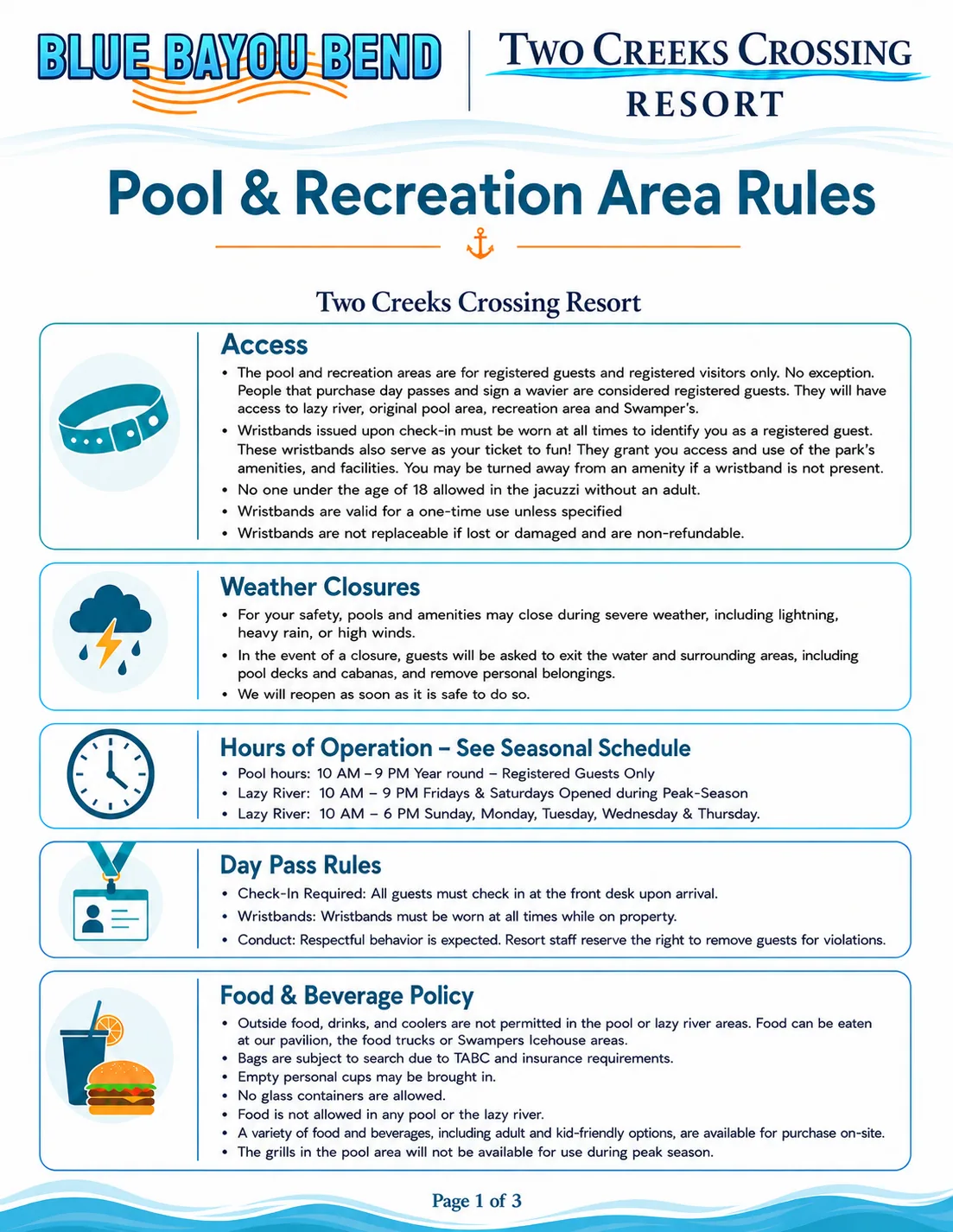 Pool and recreation area rules page 1 covering access, weather, hours, day passes, and food and beverage policies.