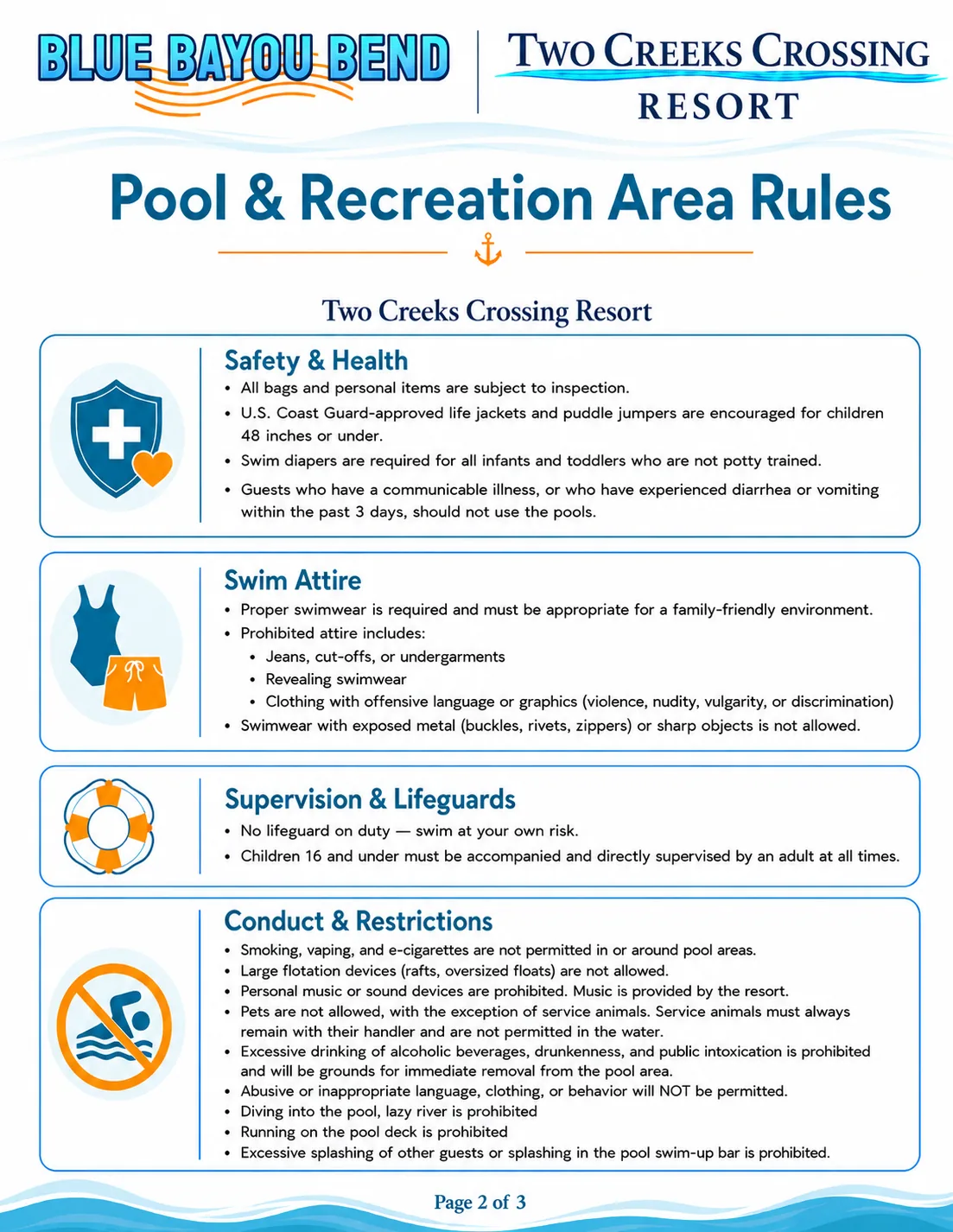 Pool and recreation area rules page 2 covering safety, swim attire, supervision, lifeguards, conduct, and restrictions.