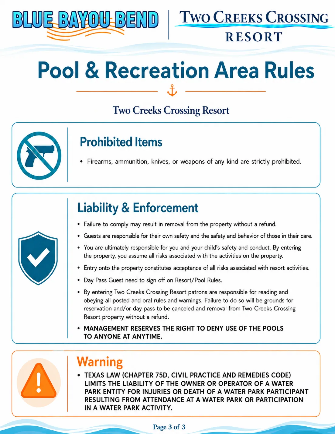 Pool and recreation area rules page 3 covering prohibited items, liability, enforcement, and Chapter 75D warning.