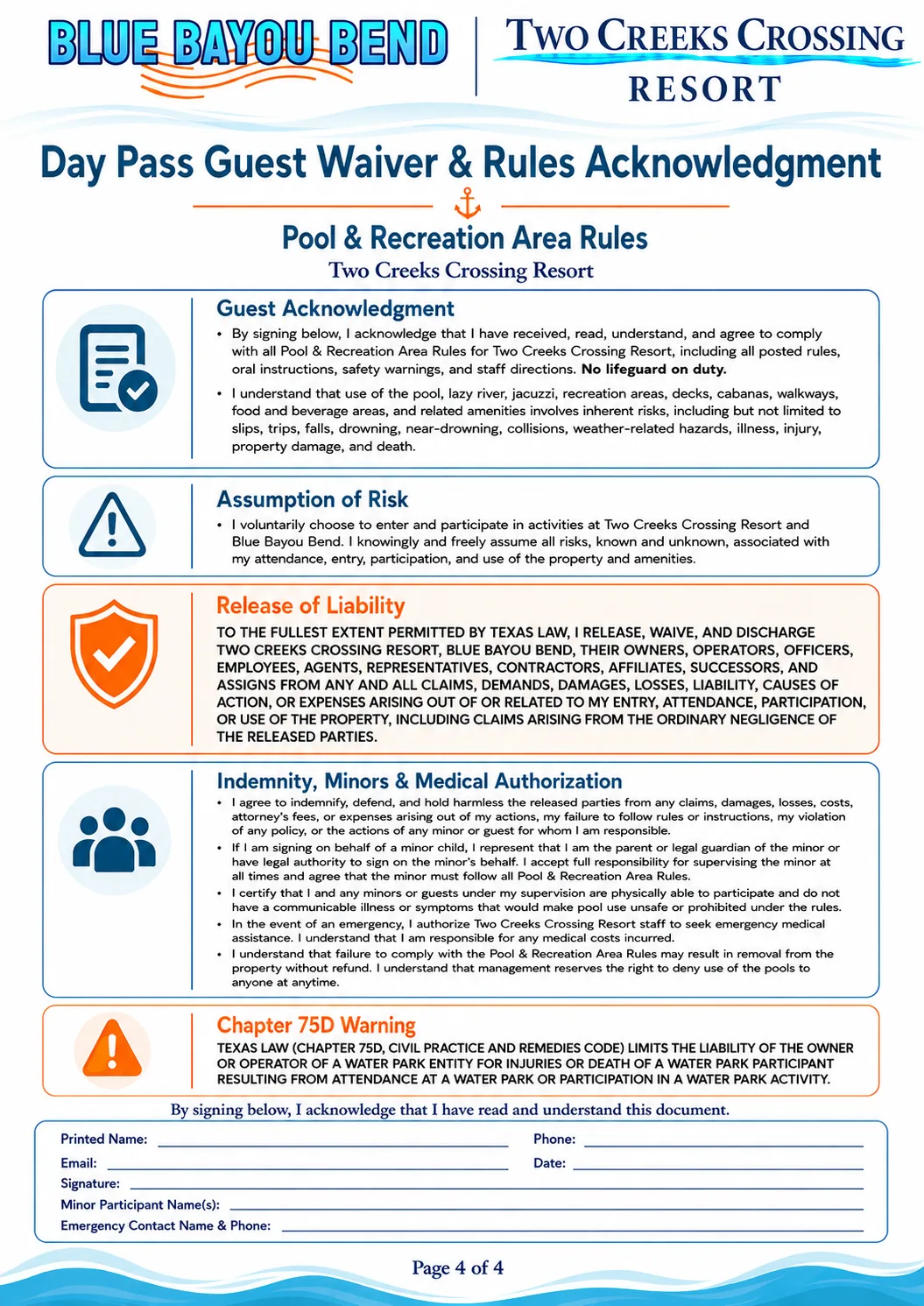 Day pass guest waiver and rules acknowledgement for Blue Bayou Bend and pool recreation areas.